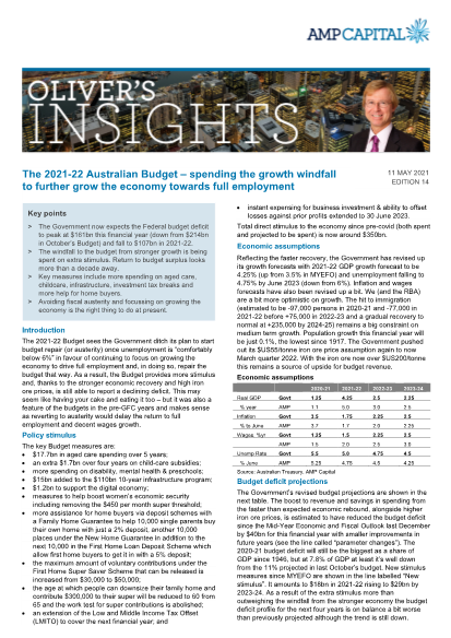 Olivers Insights - The 2021-22 Australian Budget – spending the growth windfall to further grow the economy towards full employment 